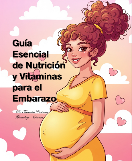 Illustration of a pregnant woman with a pink background and text about pregnancy nutrition and vitamins.