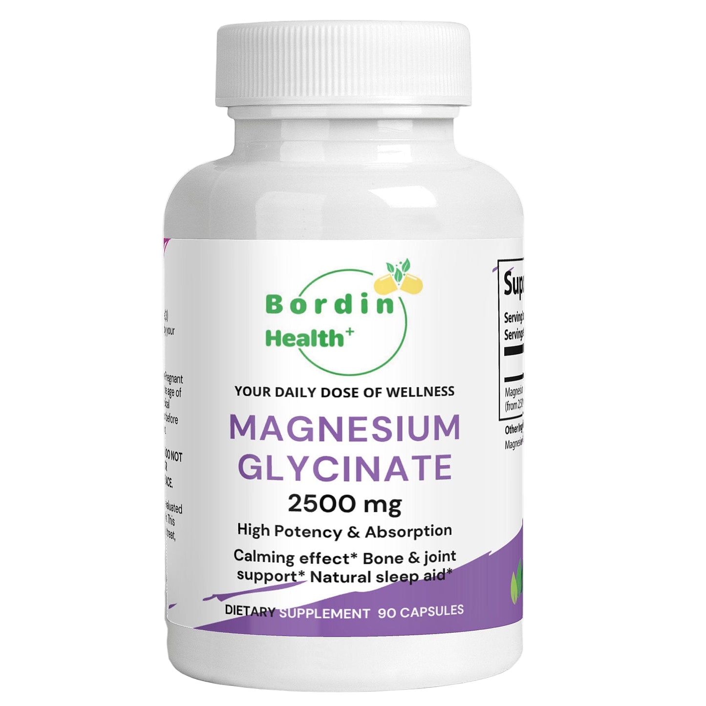 Bordin Health Magnesium Glycinate 2500mg - High Absorption Bisglycinate for Sleep, Calm & Bone Support - 275mg Elemental per Serving - 90 Vegan Capsules (30 Day Supply) - Non-Laxative.