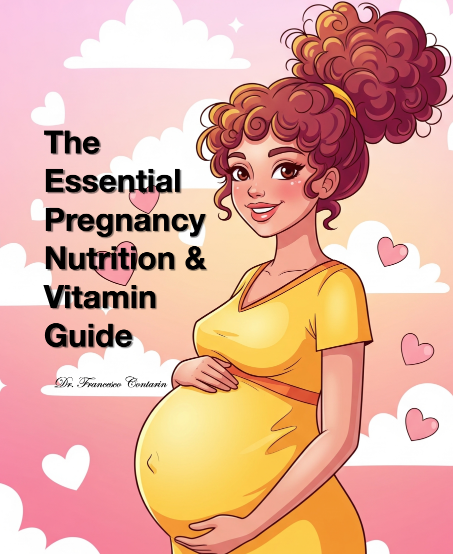 Book cover of 'The Essential Pregnancy Nutrition & Vitamin Guide' with a pregnant woman illustration on a pink background.
