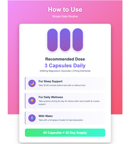 Bordin Health Magnesium Glycinate 2500mg - High Absorption Bisglycinate for Sleep, Calm & Bone Support - 275mg Elemental per Serving - 90 Vegan Capsules (30 Day Supply) - Non-Laxative.